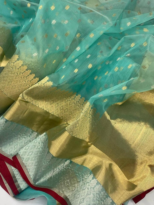Ocean blue long border silk saree Chanderi saree wala