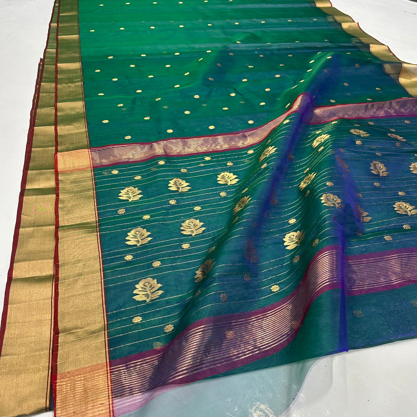 Chanderi Peacocks colour pure silk sarees| Golden zare