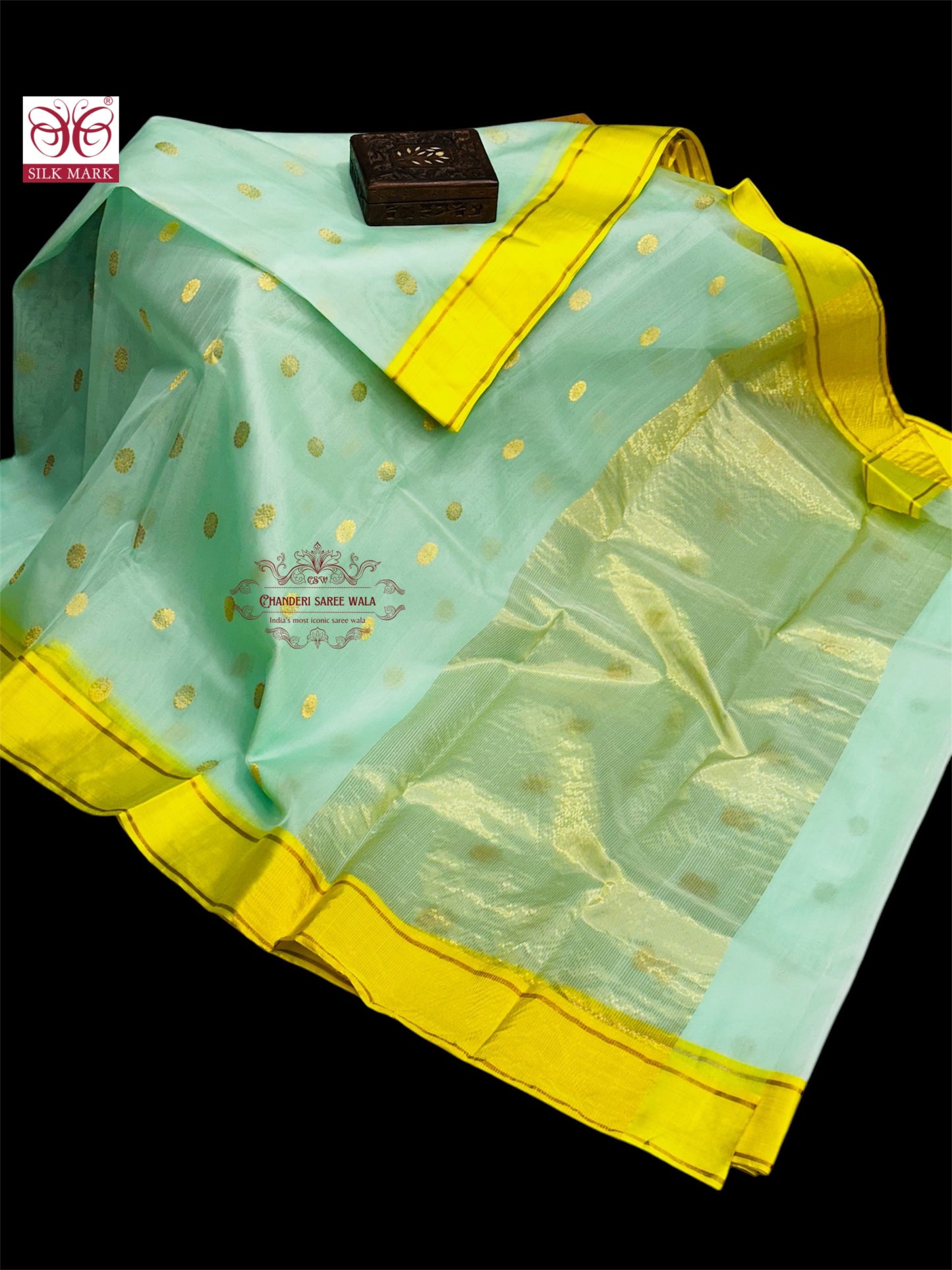 Chanderi handwoven silk saree|Yellow border