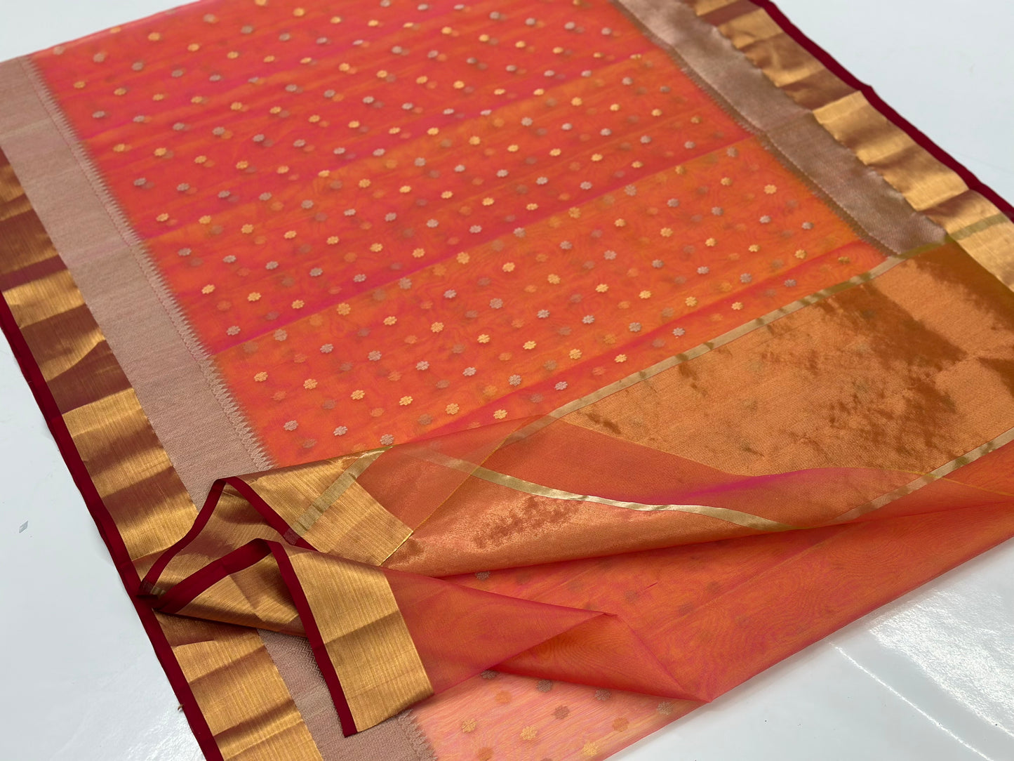 Handwoven Orange Chanderi Saree with Polka Butti