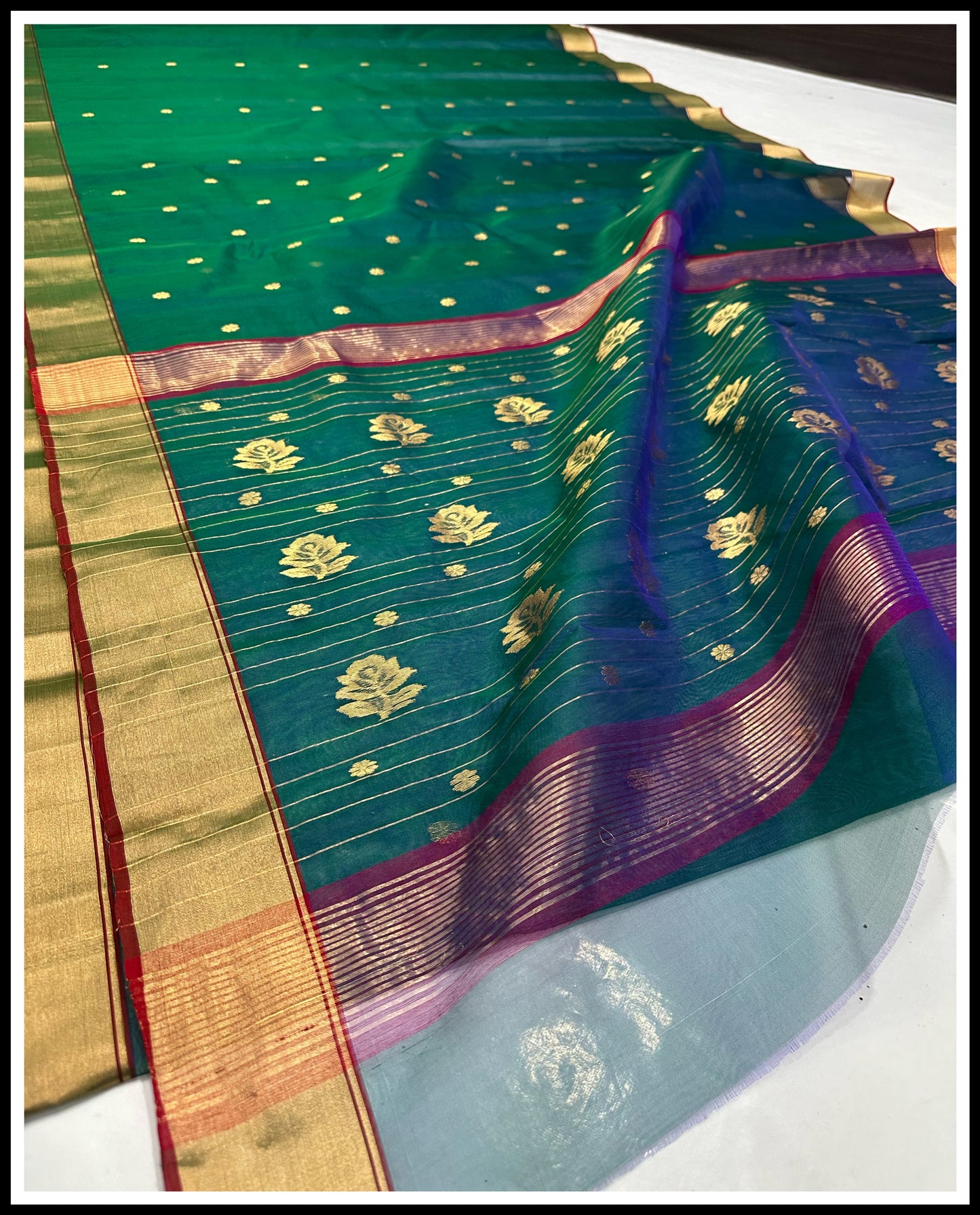Chanderi Peacocks colour pure silk sarees| Golden zare