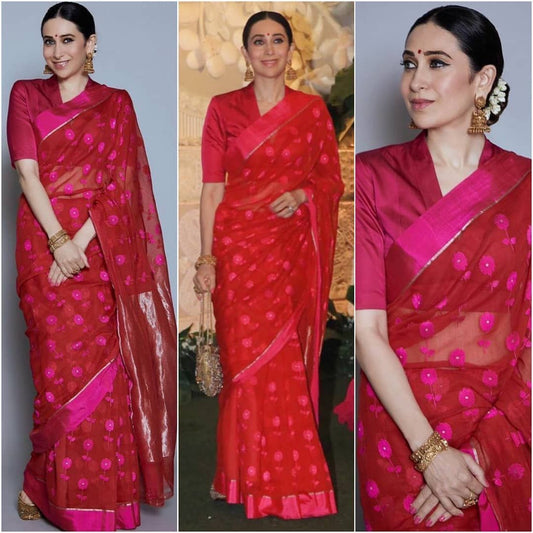 Resham border red chanderi saree