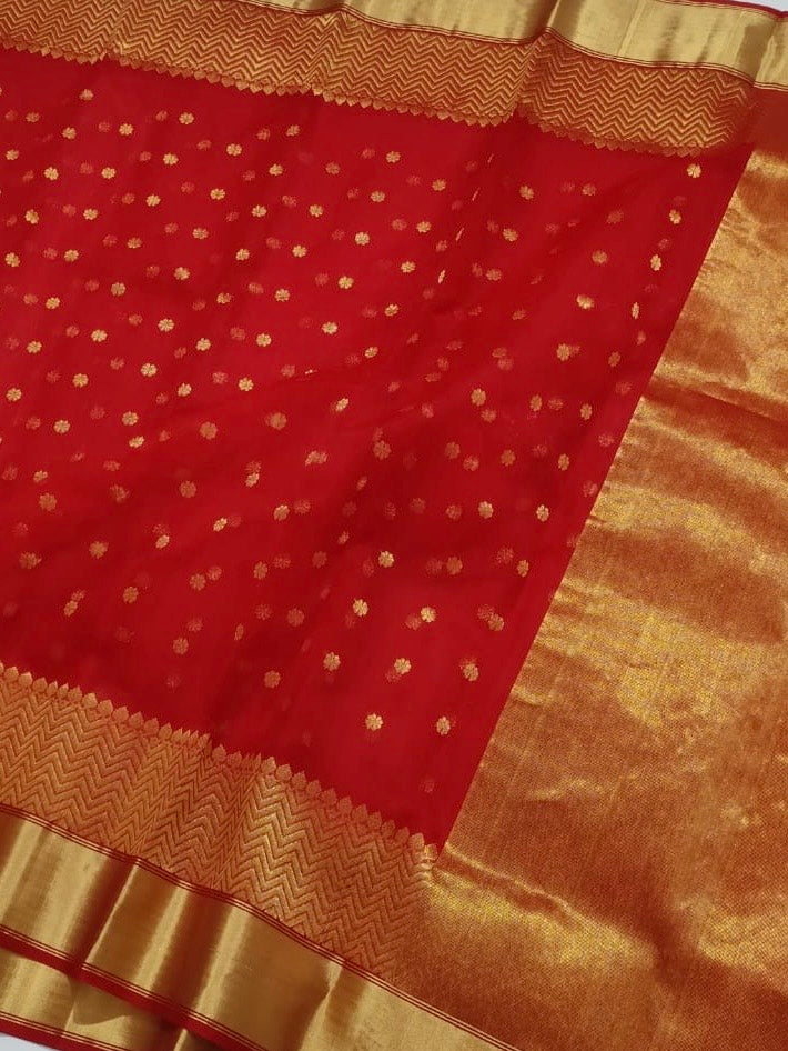 Red colour golden zare border saree