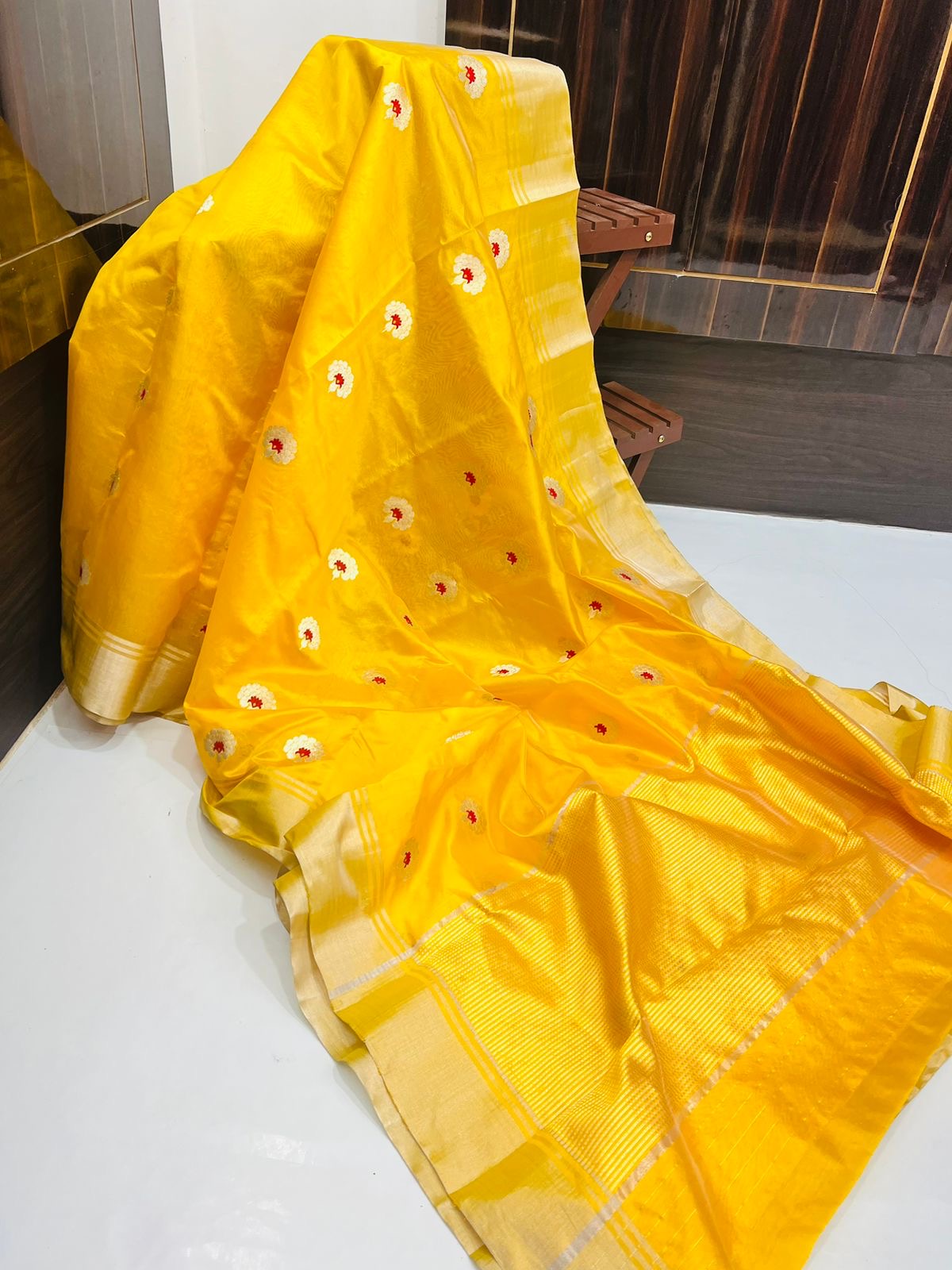 Yellow colour mena motif silk saree