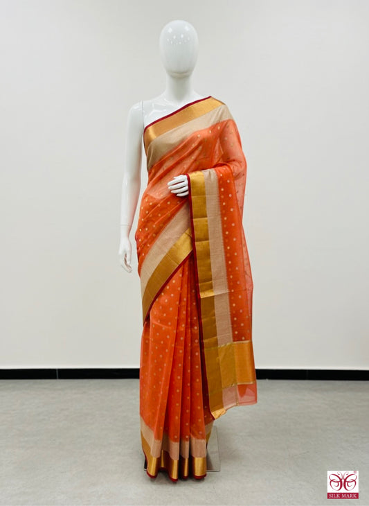 Handwoven Orange Chanderi Saree with Polka Butti