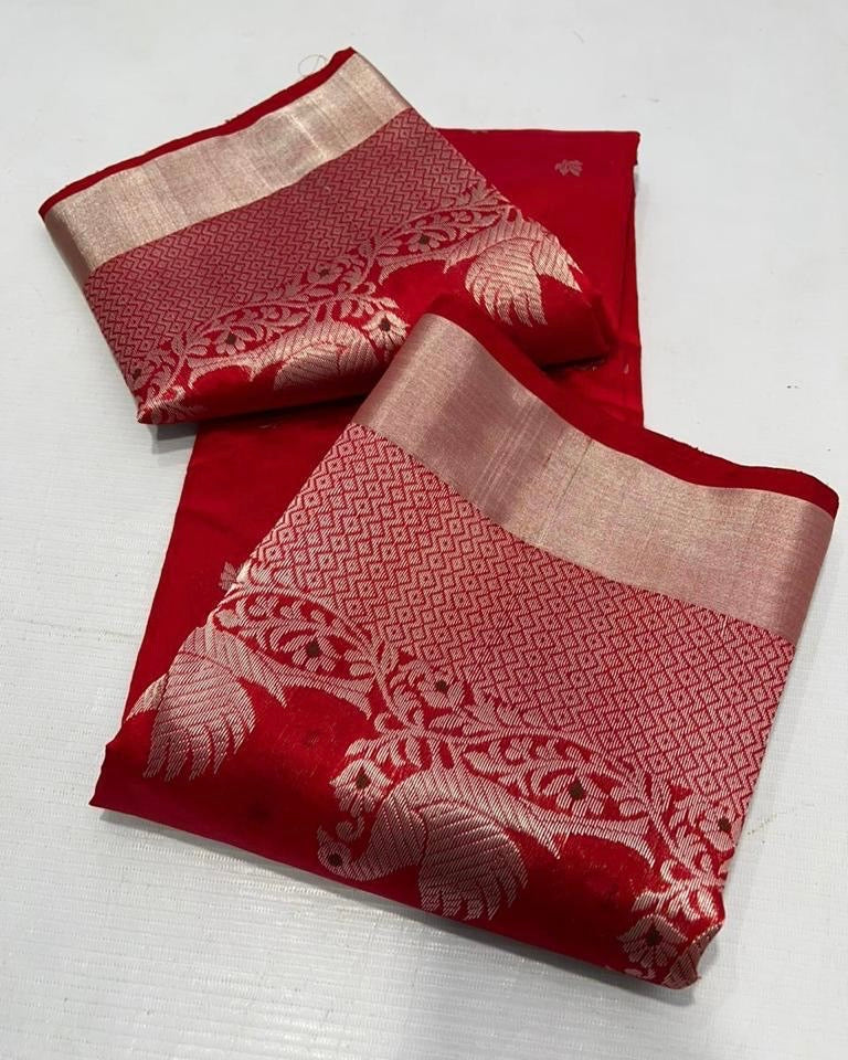 Red colour silver zare border chanderi saree