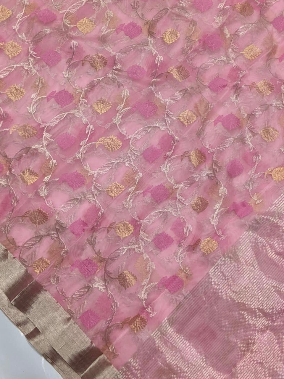 Pink all over jaal chanderi silk saree