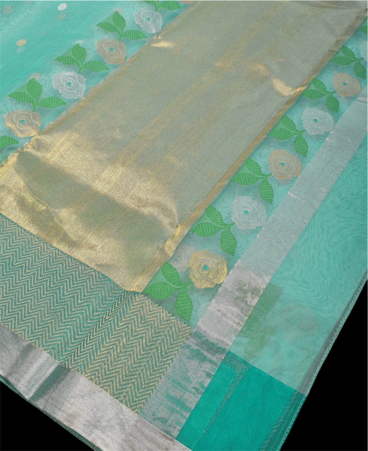 Aqua Blue Chanderi Saree With Floral Border|Gold Zare Weaving Border Chanderi saree wala