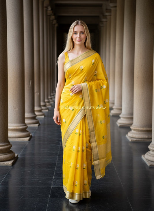 Mustard colour chanderi silk saree