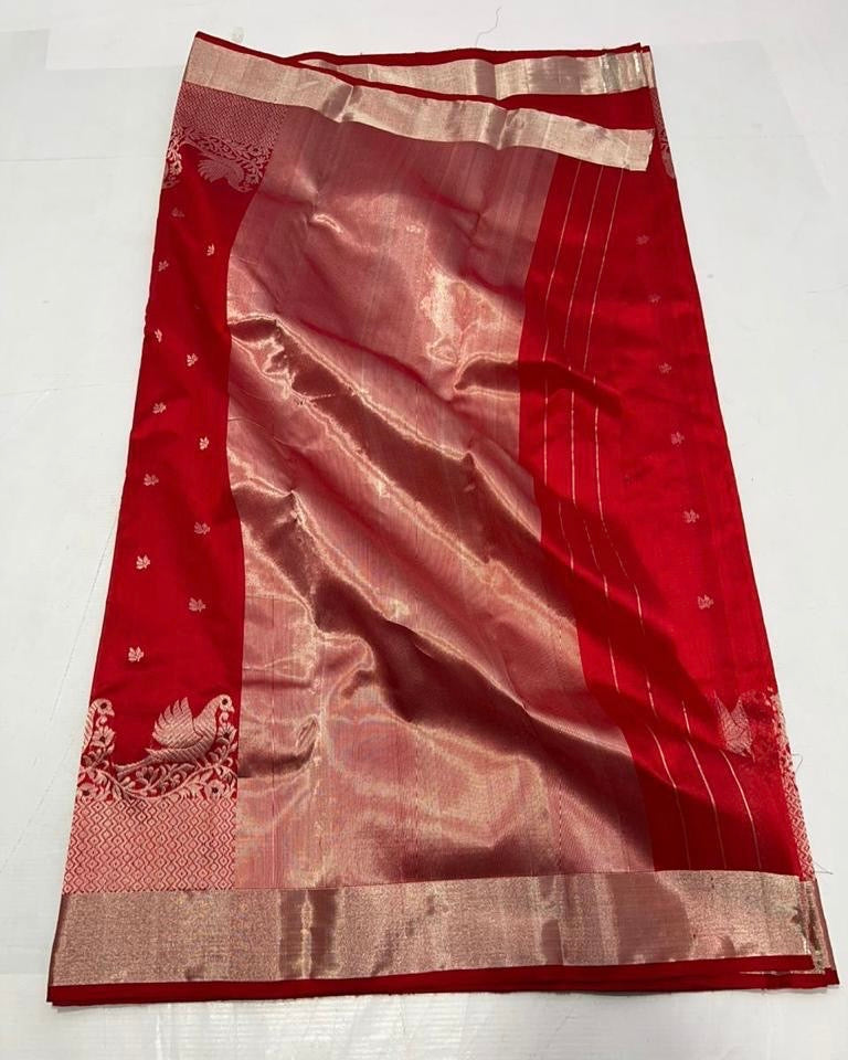 Red colour silver zare border chanderi saree