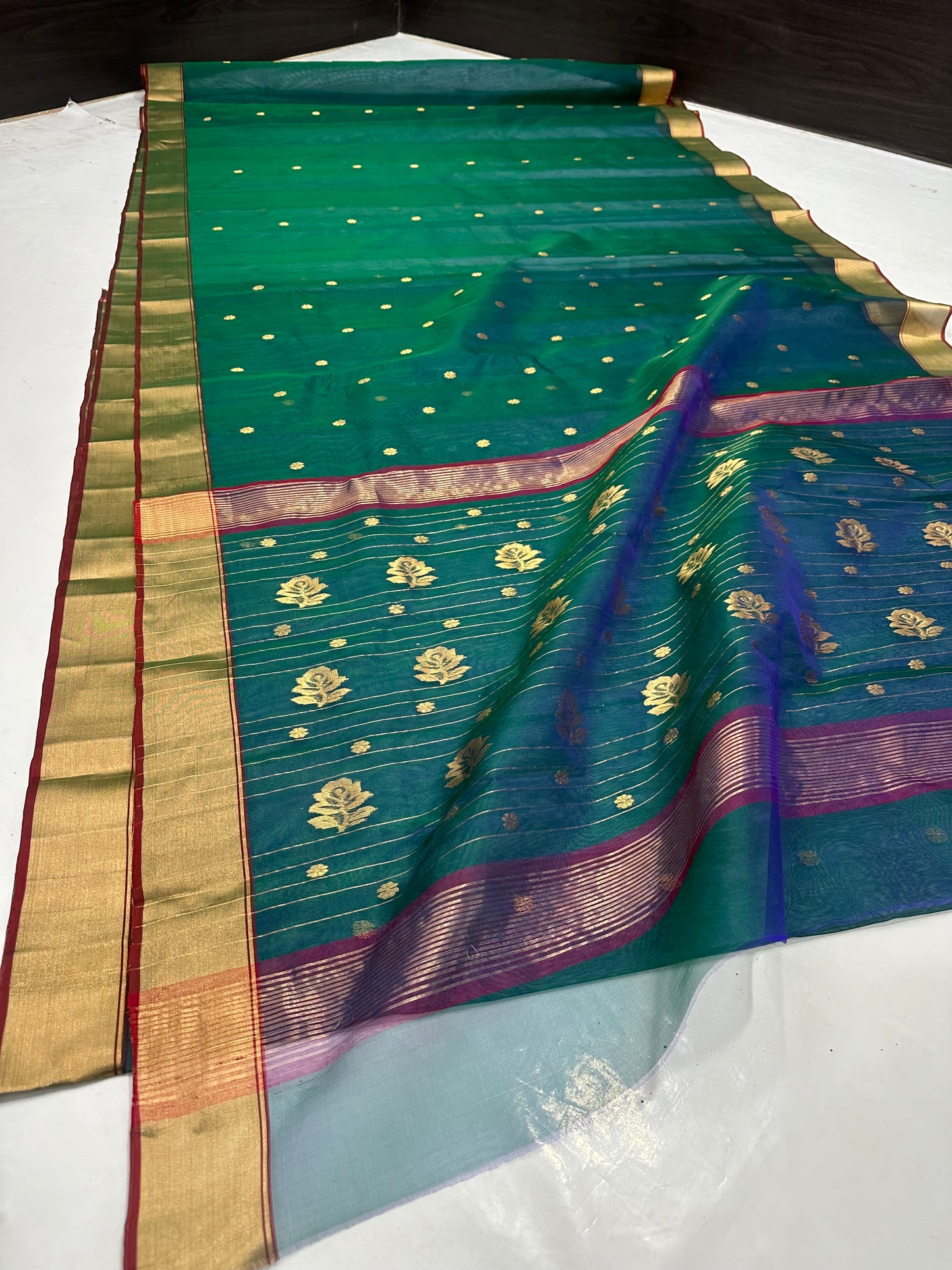 Chanderi peacock colour silk saree