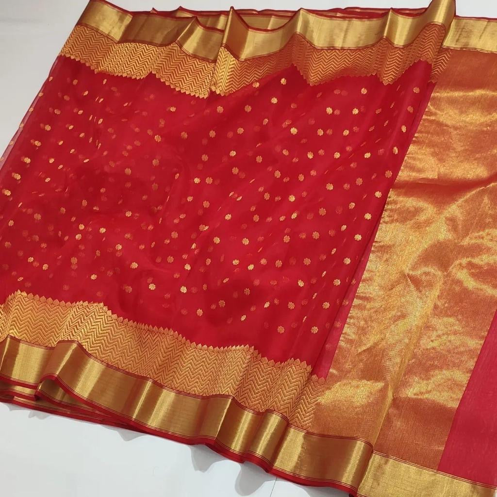 Red colour golden zare border saree