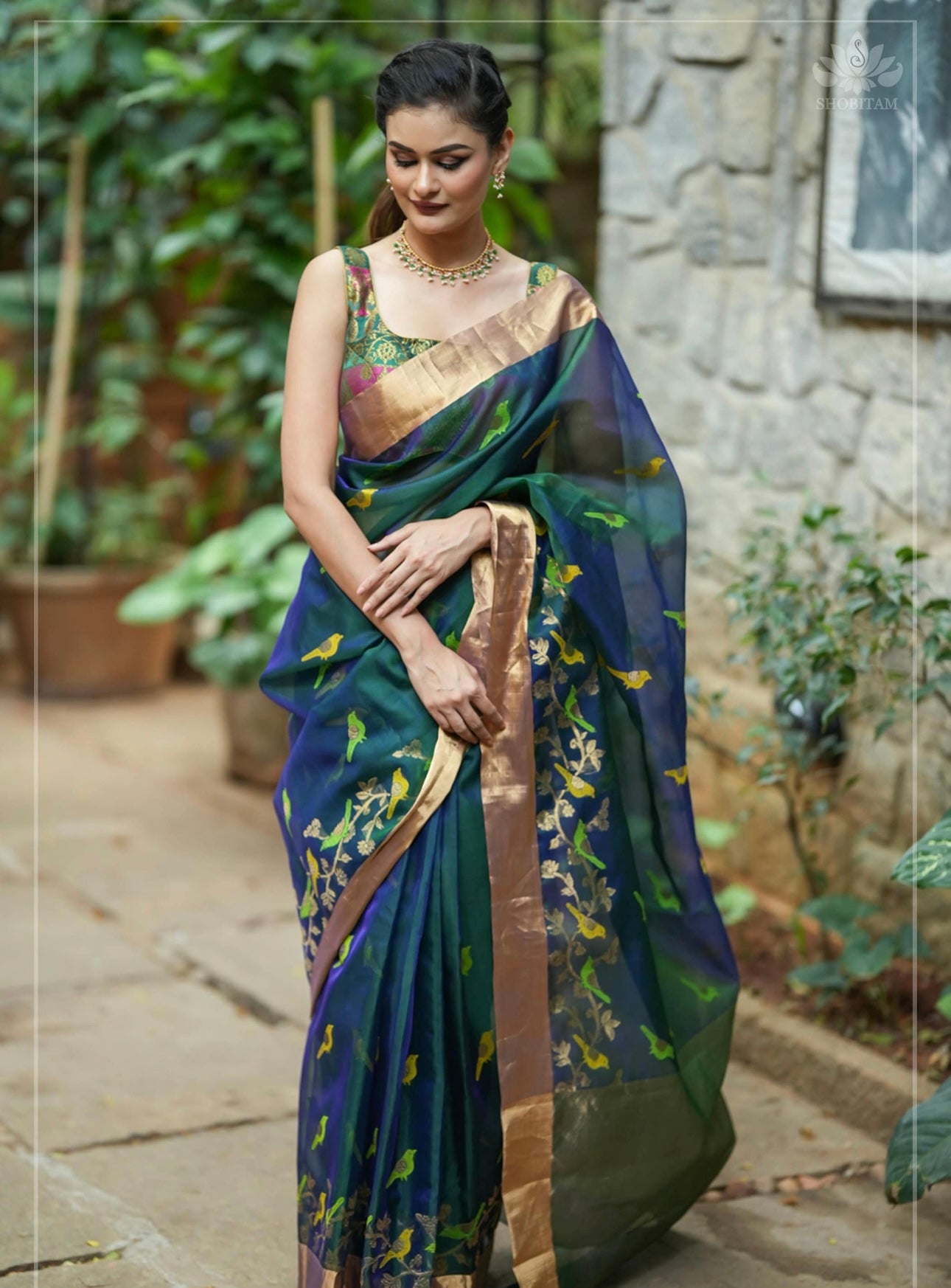 Meenakare birds chanderi silk saree in blue green daule tone