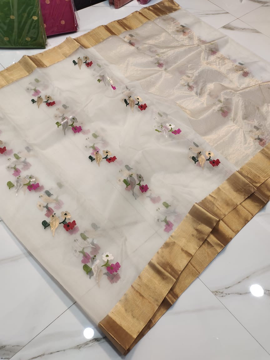 Off white birds motif chanderi saree