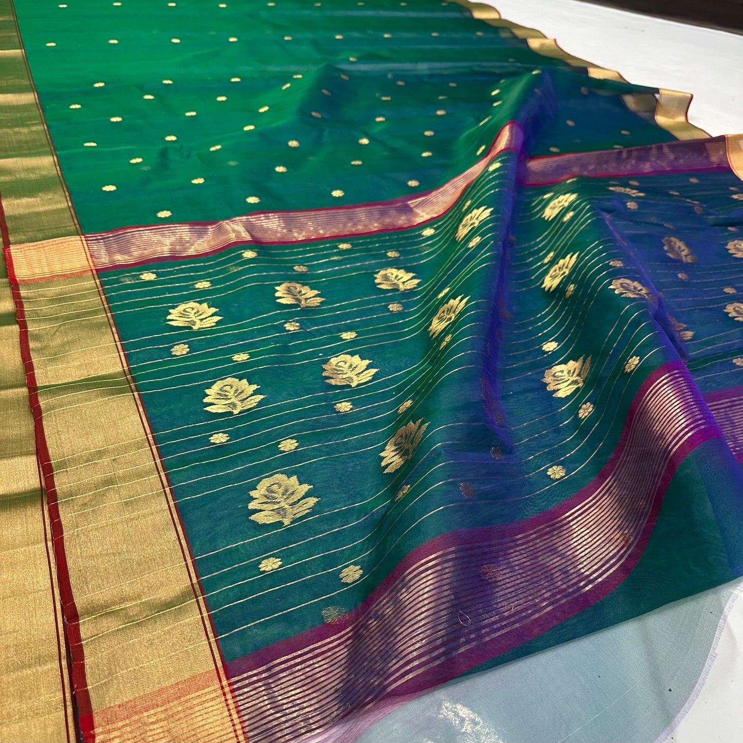 Chanderi peacock colour silk saree