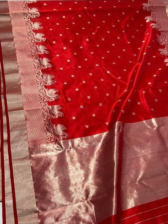 Red colour silver zare border chanderi saree