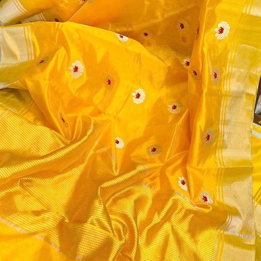 Yellow colour mena motif silk saree