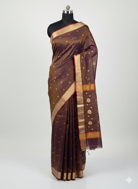 Handwoven Brown Chanderi Silk Saree – Golden Motif