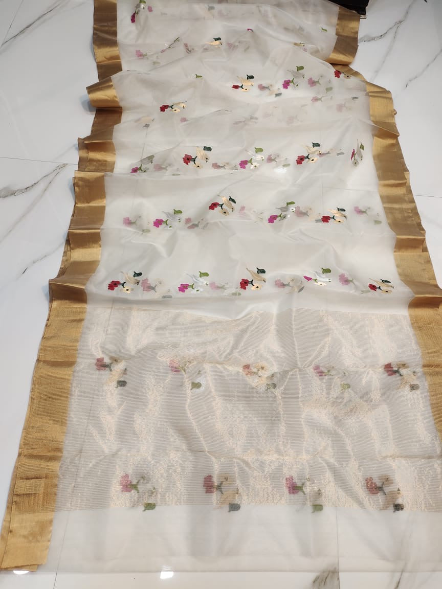 Off white birds motif chanderi saree