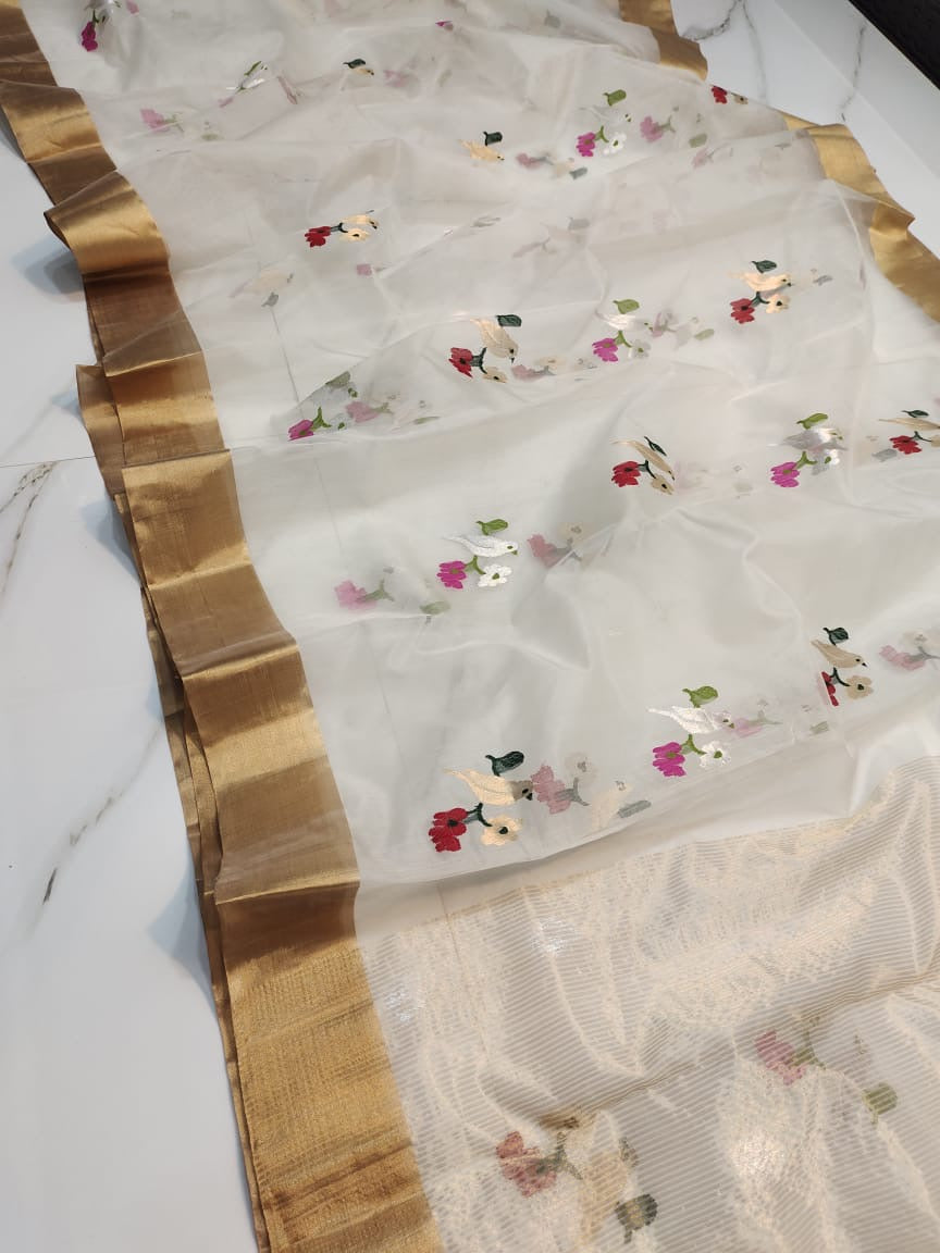 Off white birds motif chanderi saree