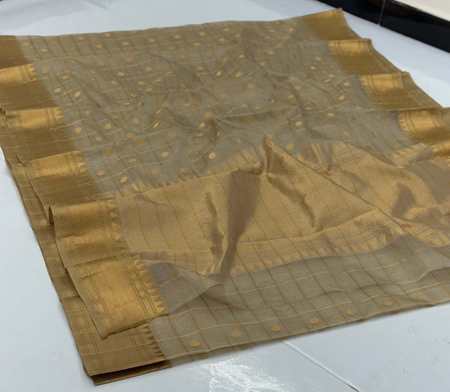 Beige Chanderi pure katan silk sarees