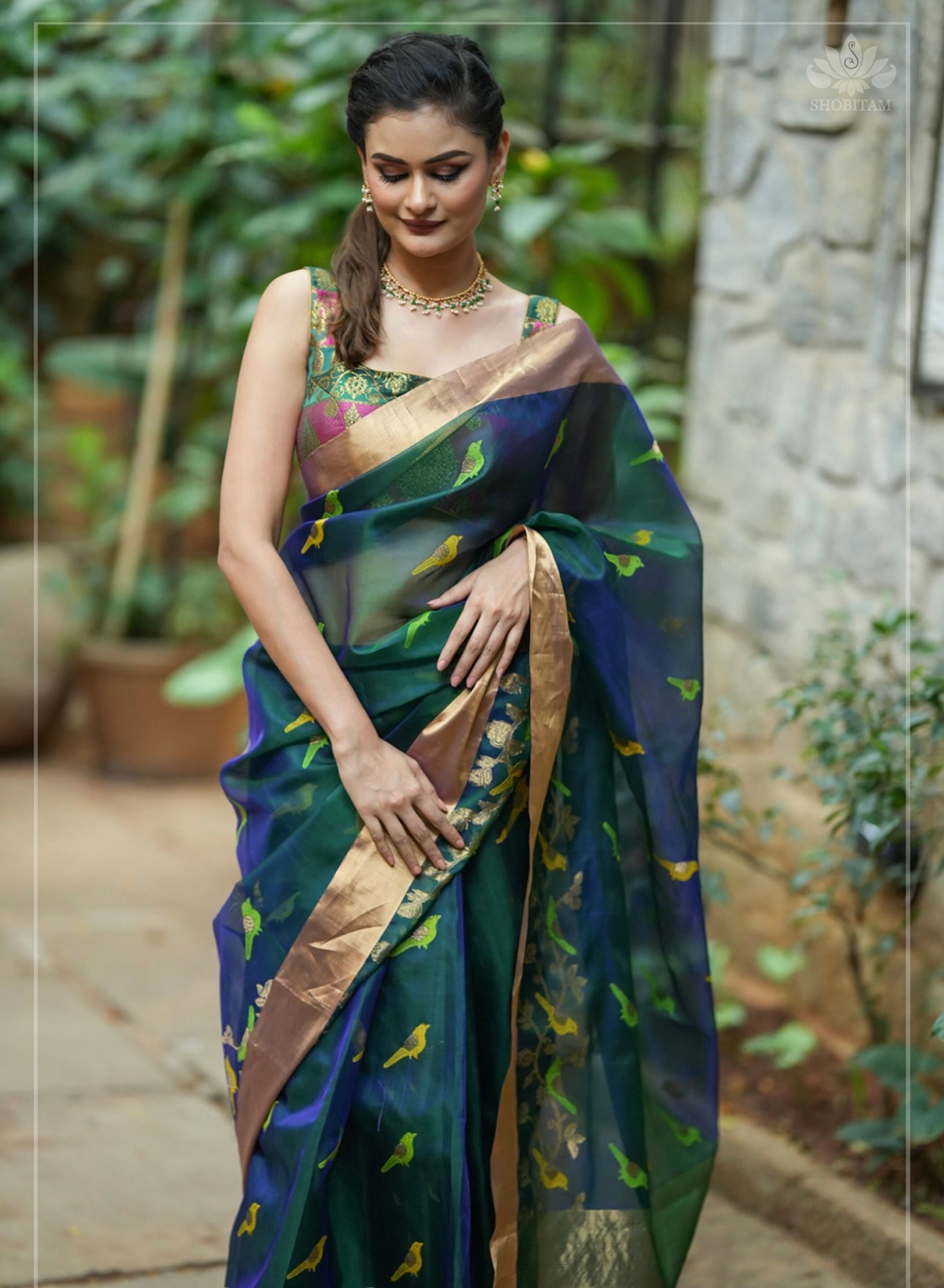 Meenakare birds chanderi silk saree in blue green daule tone