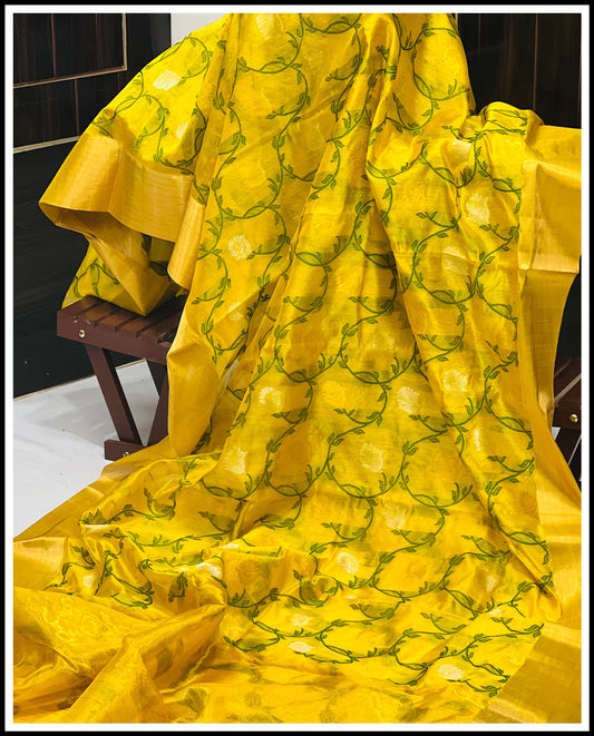 Yellow colour all over jaaal sarees