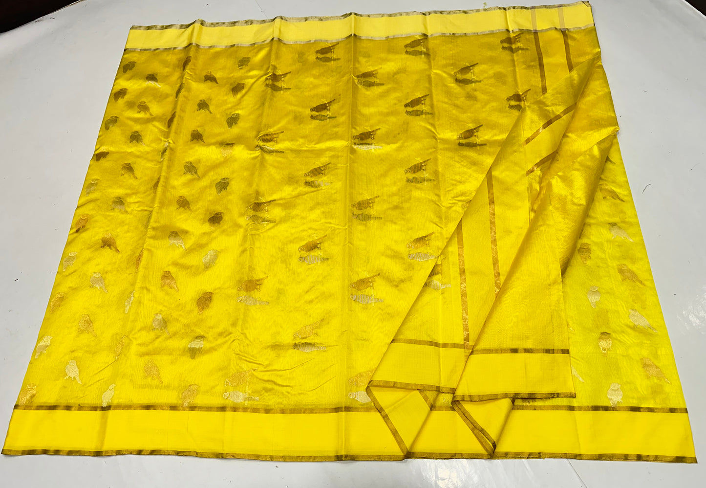 Chanderi handwoven yellow silk saree birds motif