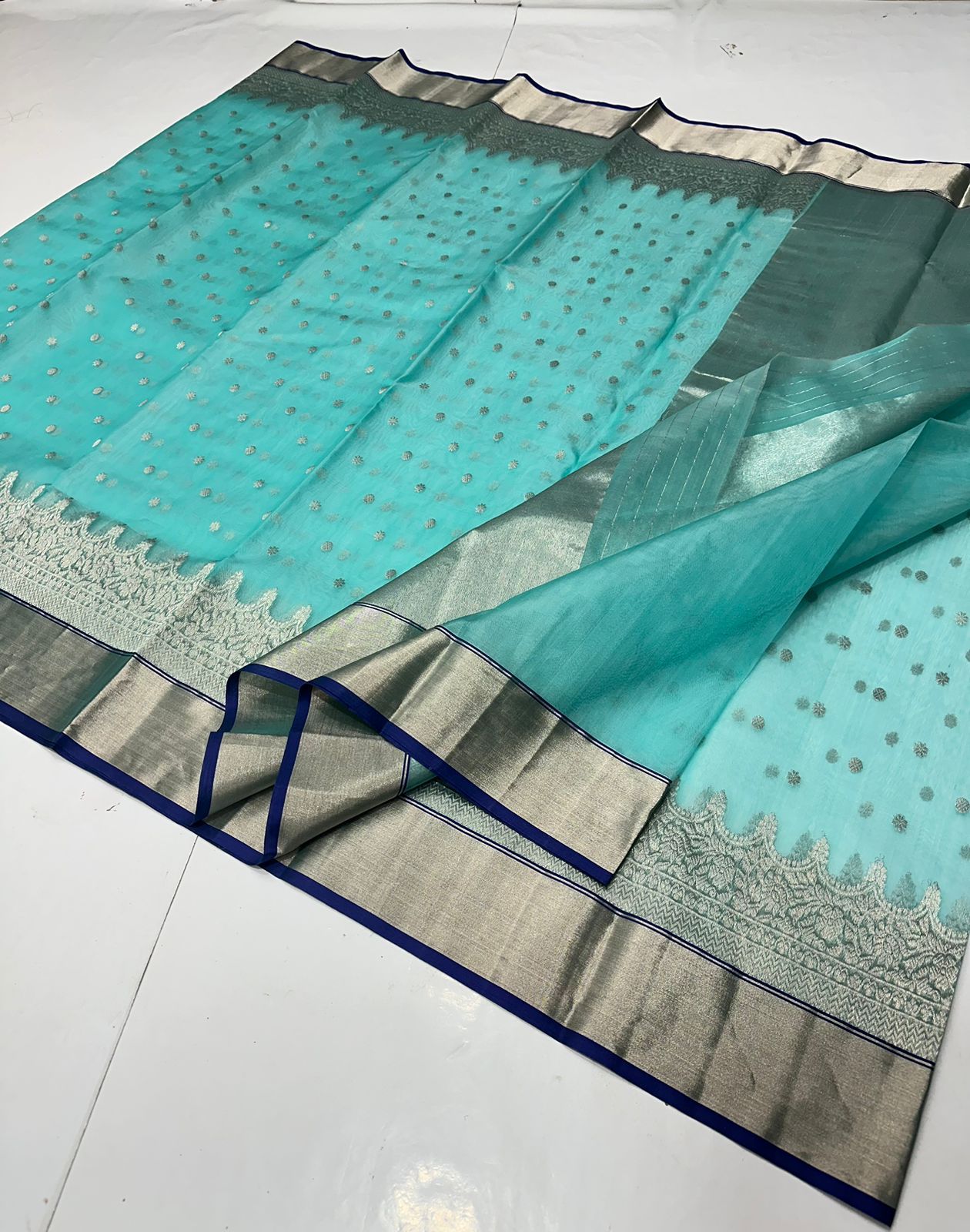 Chanderi handwoven silver zare border saree