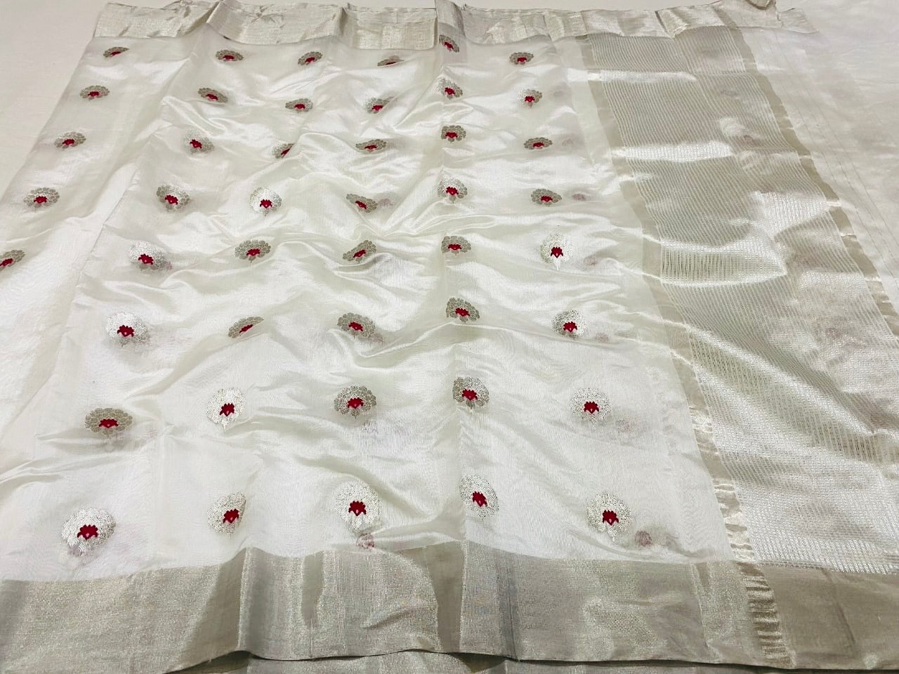 Silver zare border mena motif saree