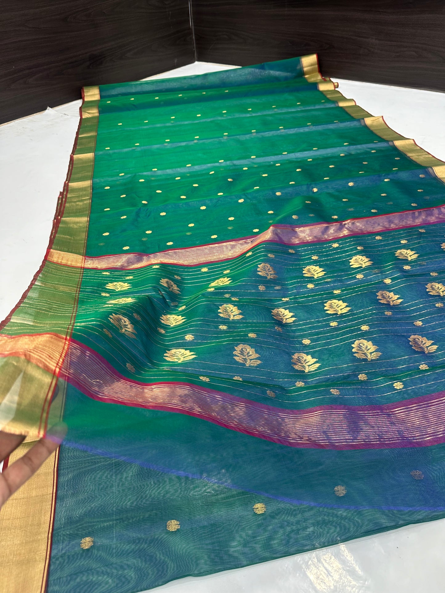 Chanderi peacock colour silk saree