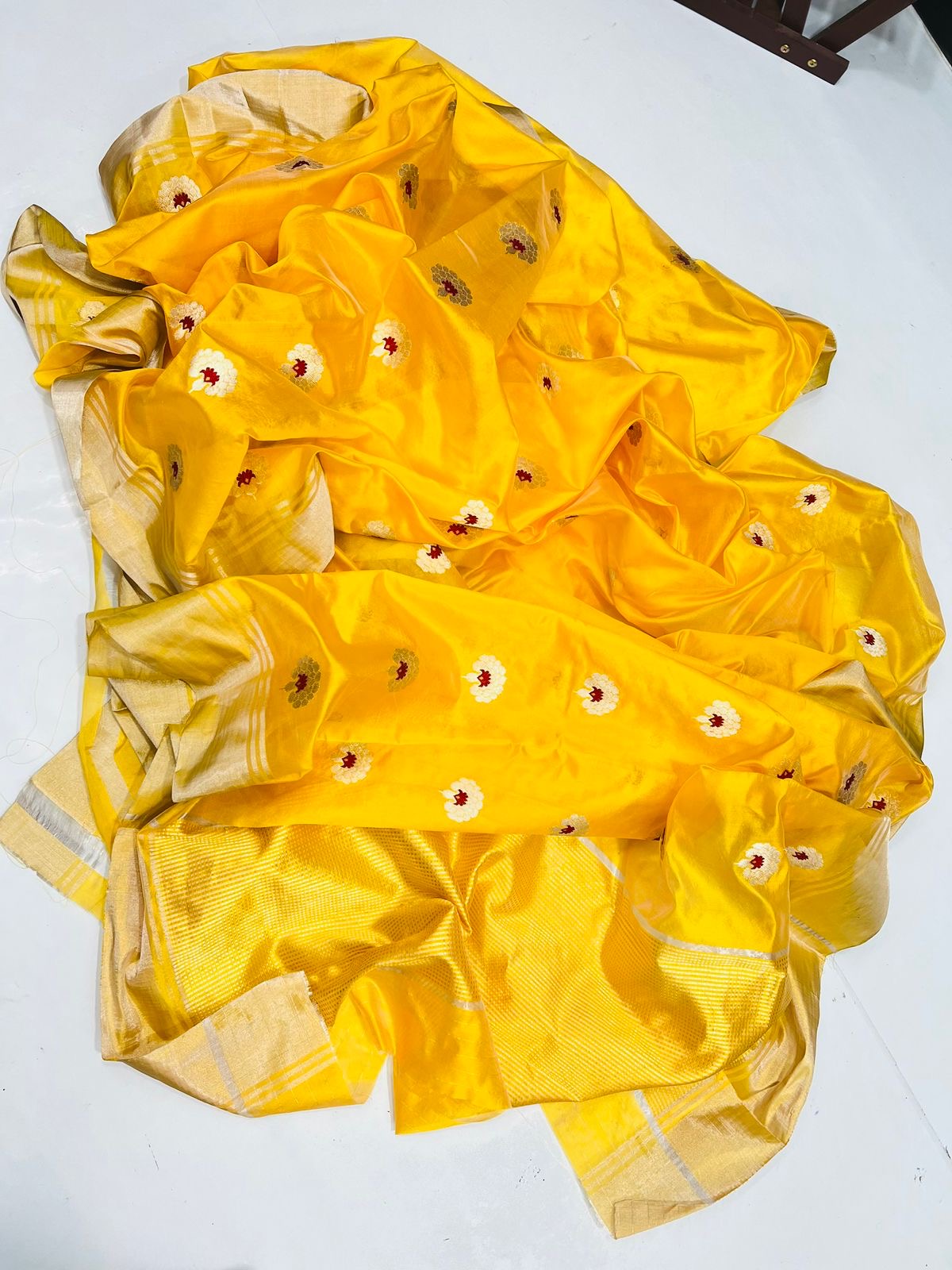 Yellow colour mena motif silk saree