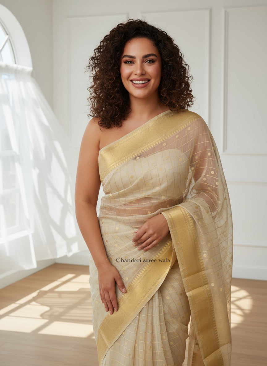 Beige Chanderi pure katan silk sarees