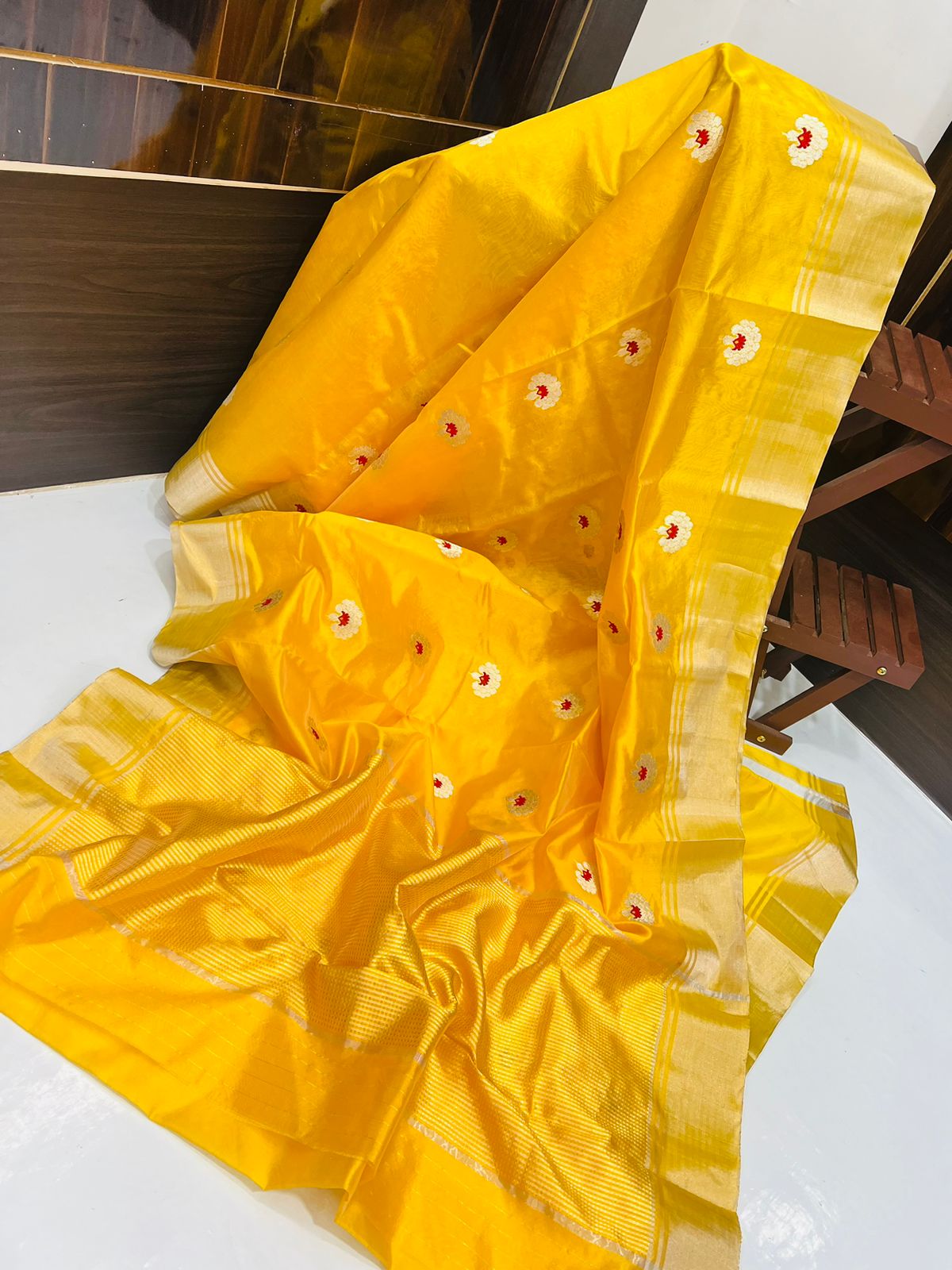 Yellow colour mena motif silk saree