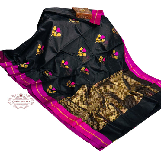 Black chanderi handwoven silk saree Chanderi saree wala