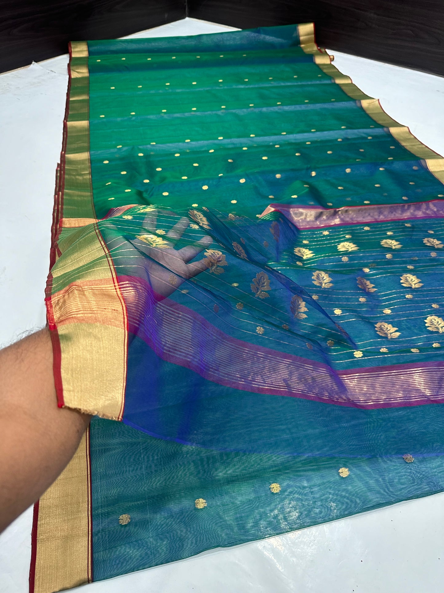 Chanderi peacock colour silk saree