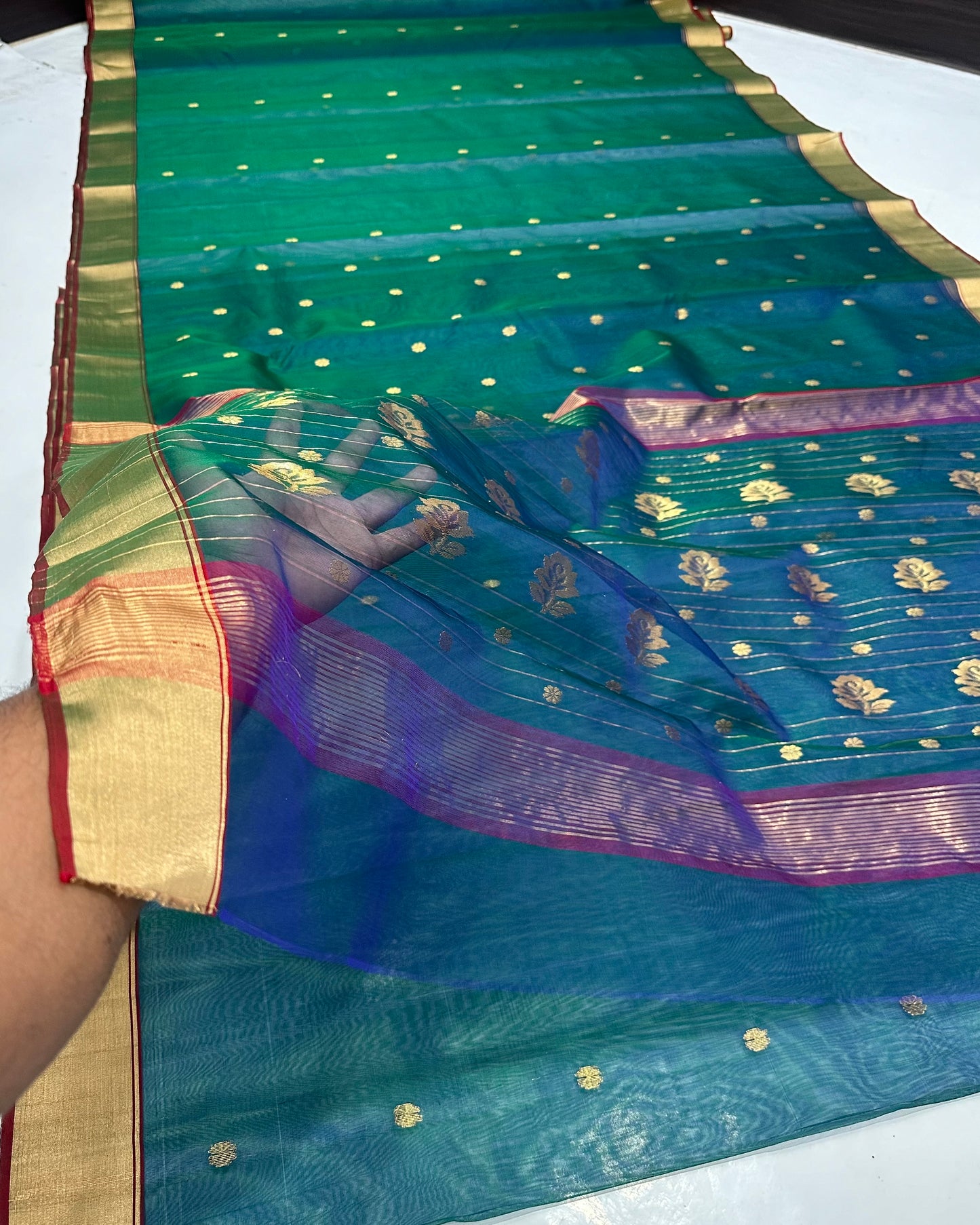 Chanderi peacock colour silk saree