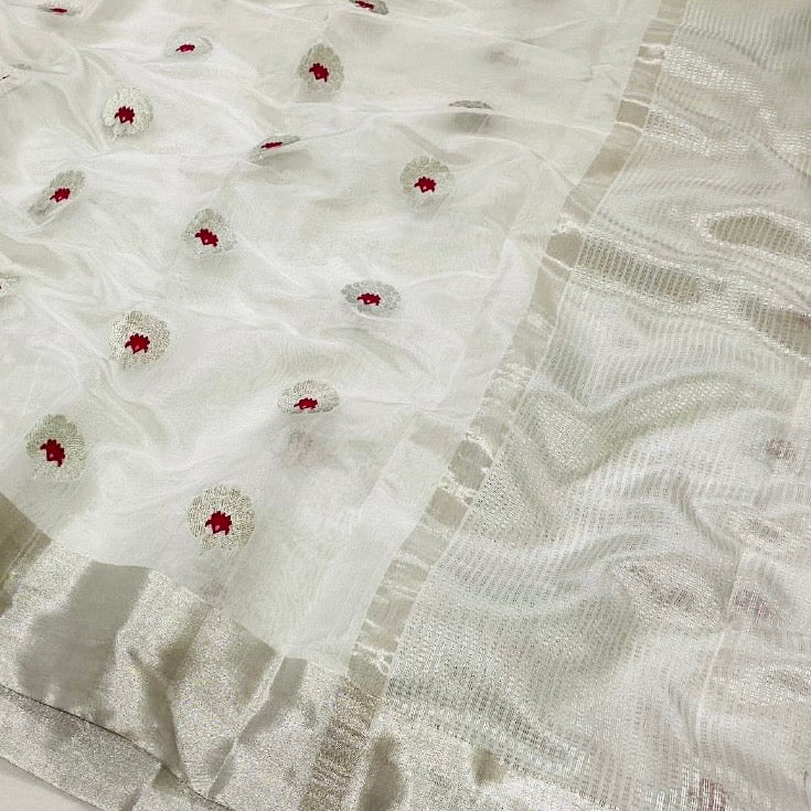 Silver zare border mena motif saree