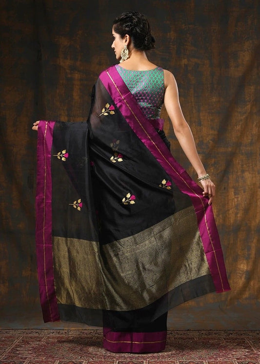 Black chanderi handwoven silk saree
