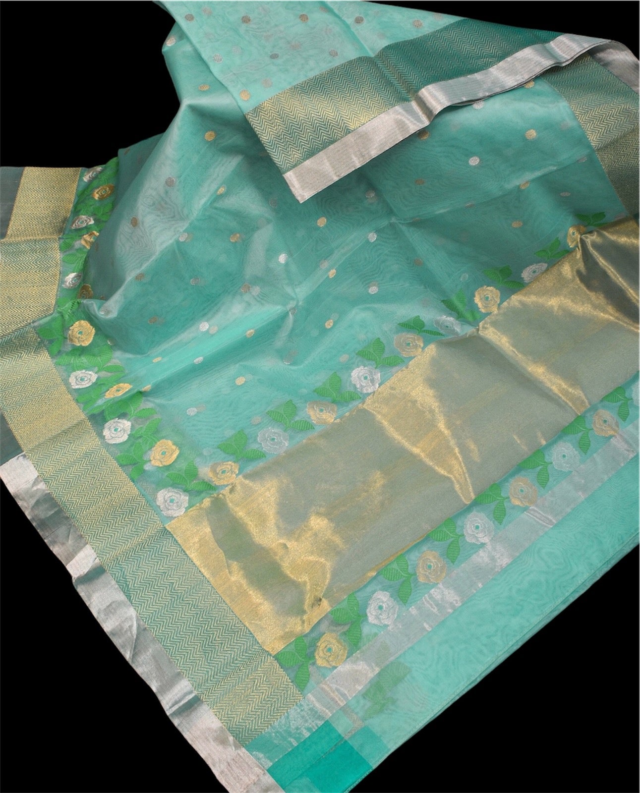 Aqua Blue Chanderi Saree With Floral Border|Gold Zare Weaving Border Chanderi saree wala