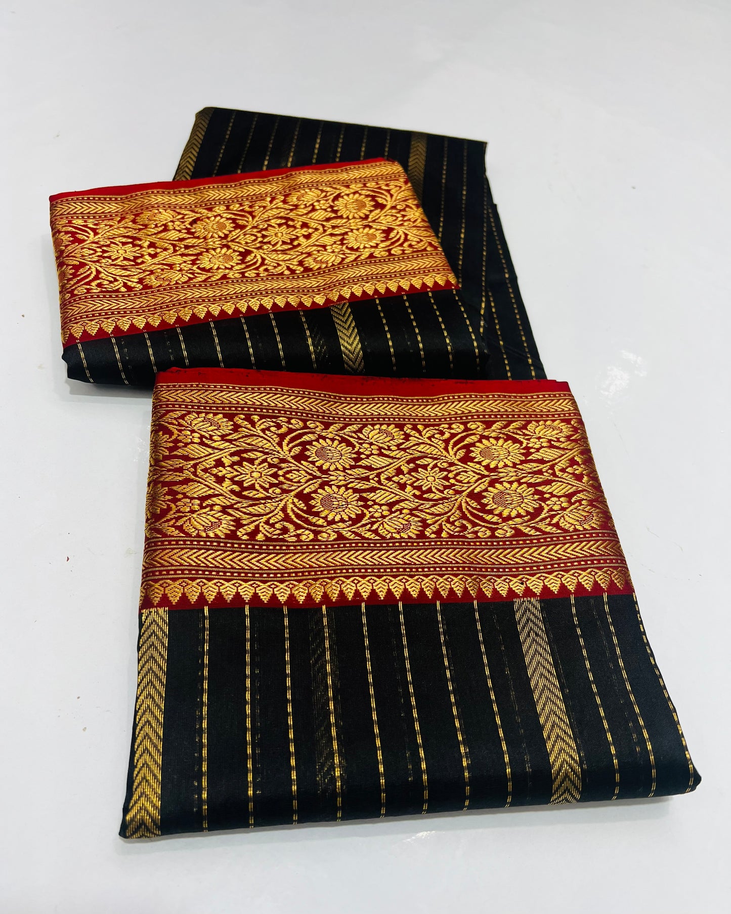 Black colour red cantrast border saree