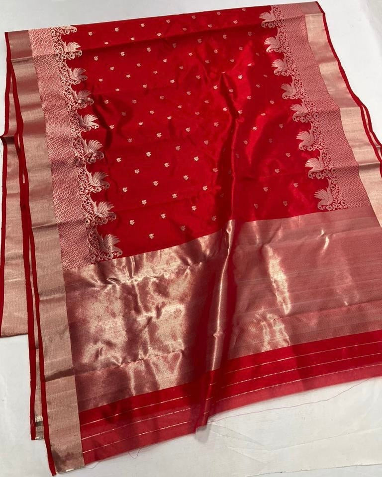 Red colour silver zare border chanderi saree