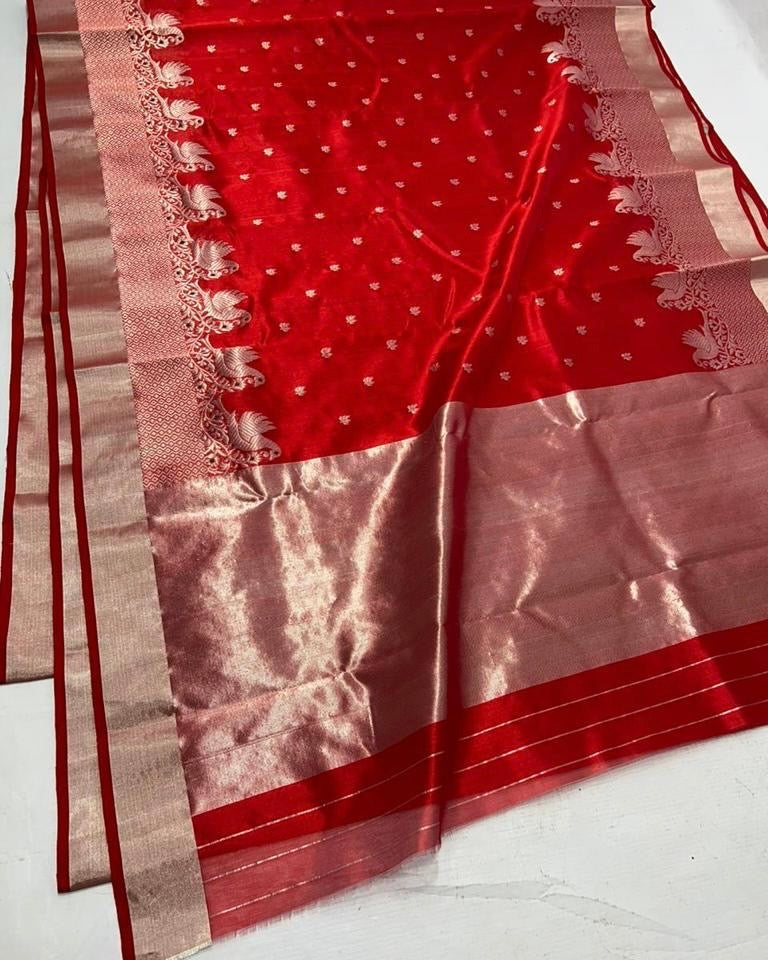 Red colour silver zare border chanderi saree