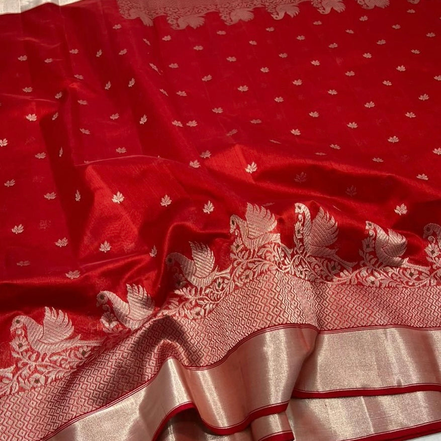 Red colour silver zare border chanderi saree