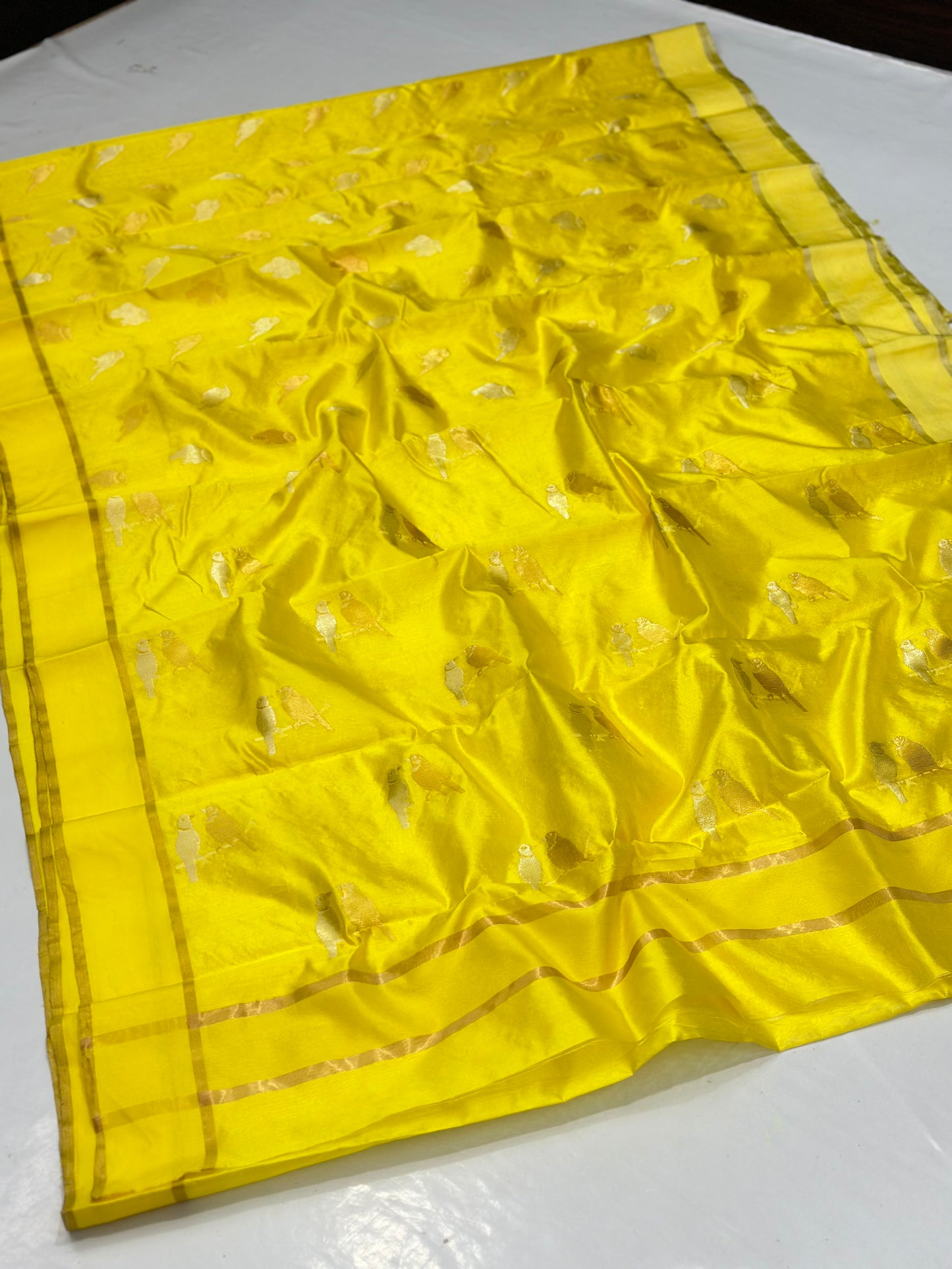 Chanderi handwoven yellow silk saree birds motif