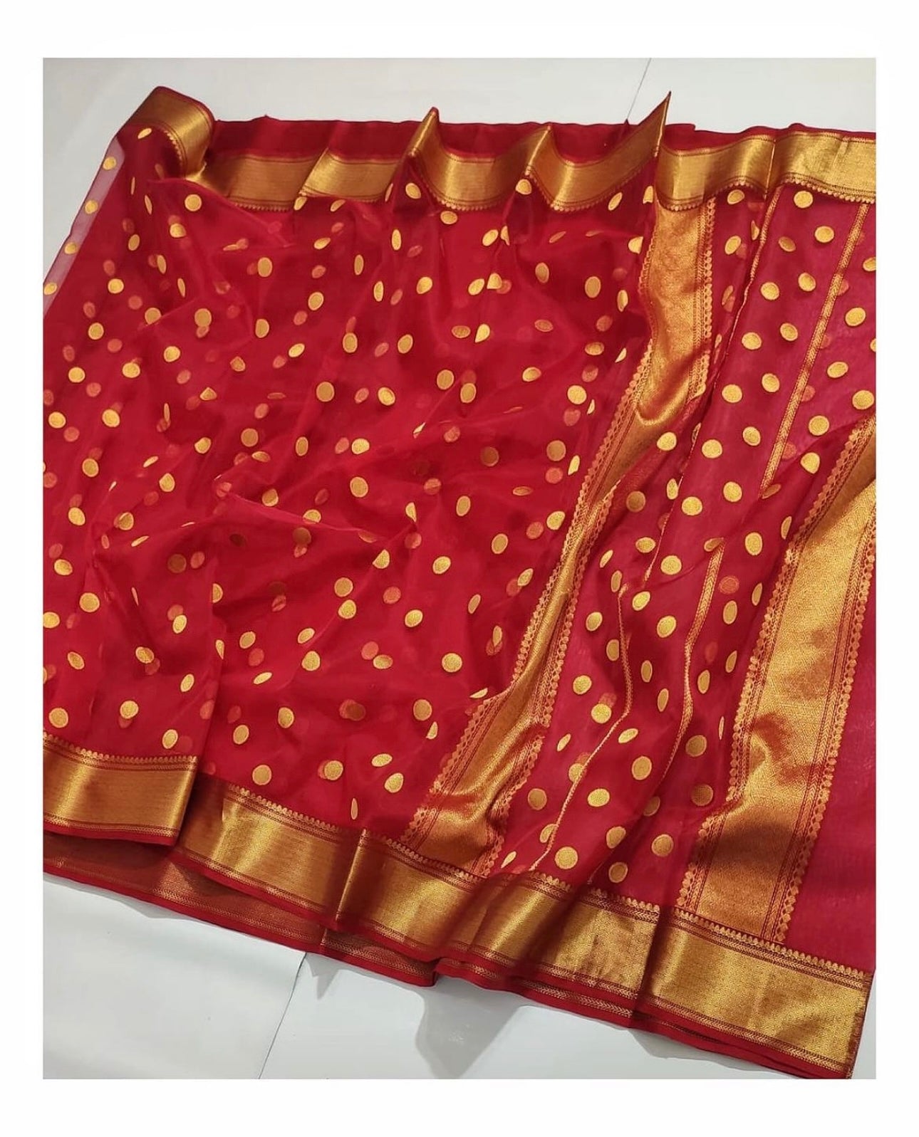 Red colour chanderi golden zare saree