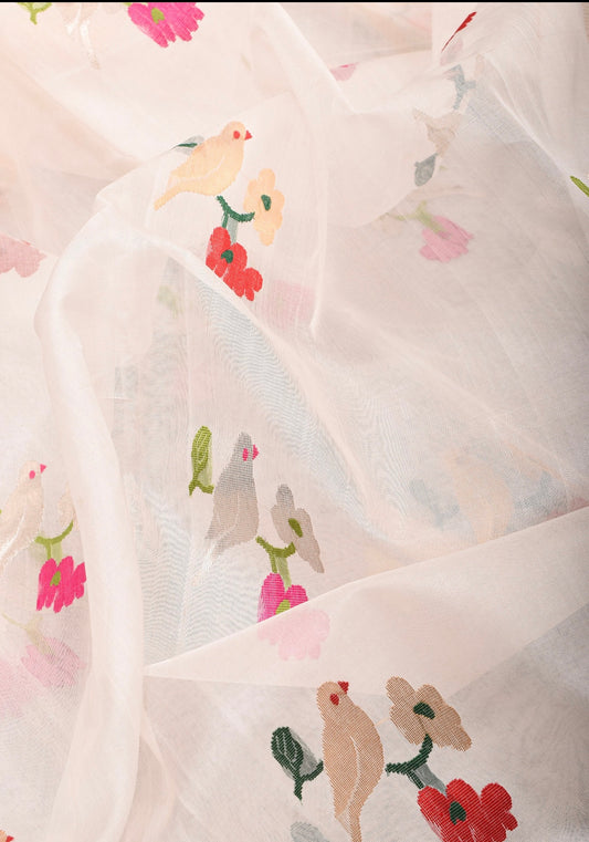 Off white birds motif chanderi saree