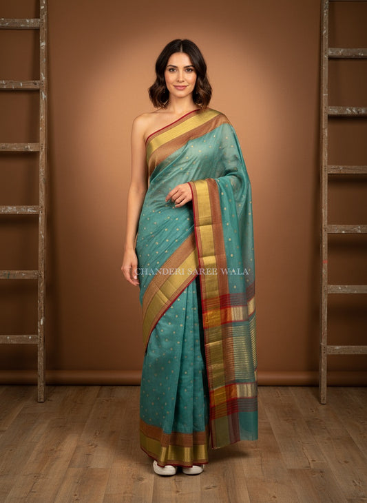 Teal blue chanderi pure silk saree
