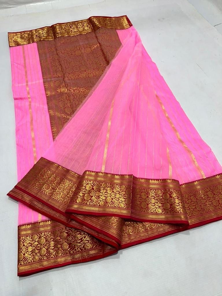 Chanderi nakshi red cantrast border saree