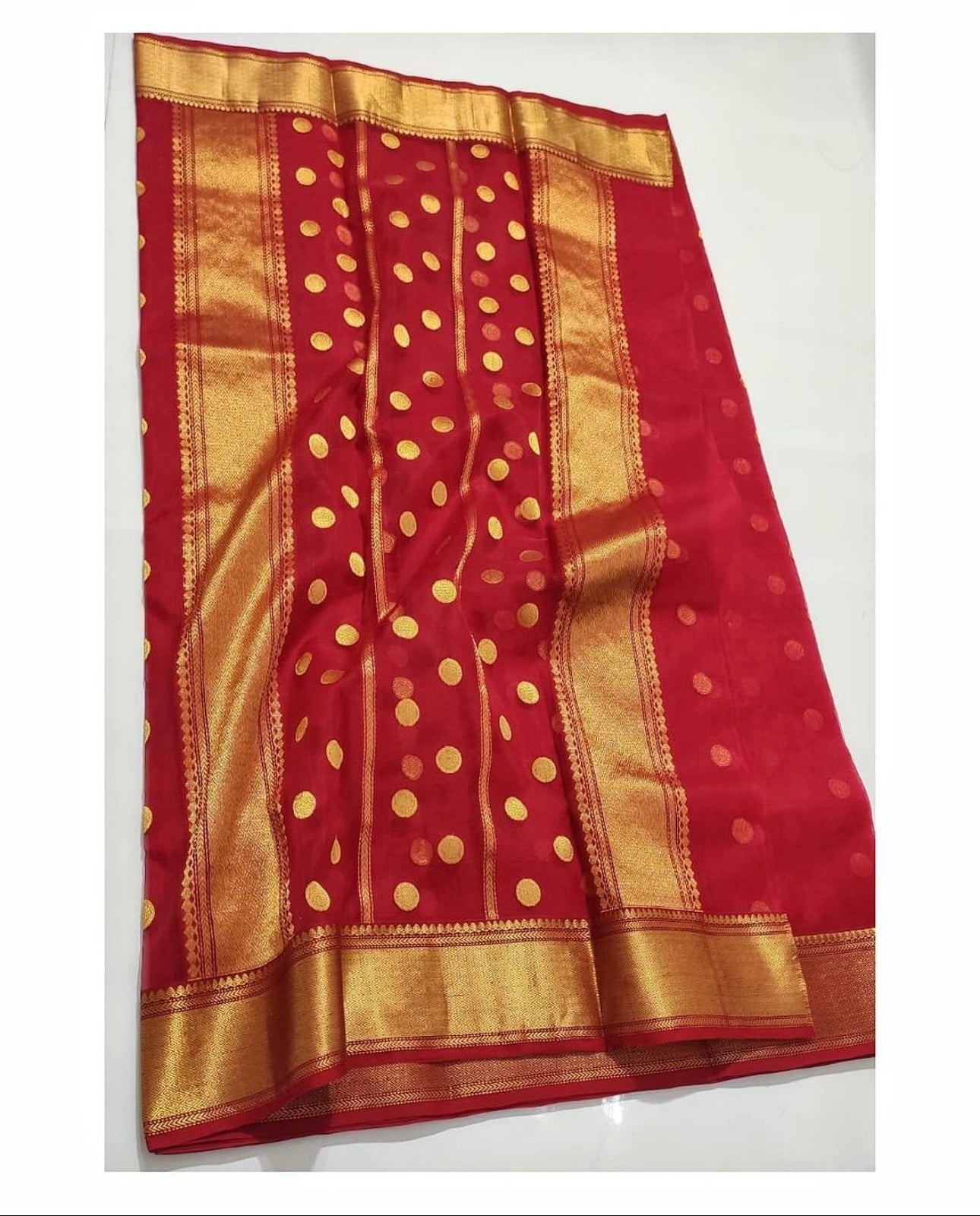 Red colour chanderi golden zare saree